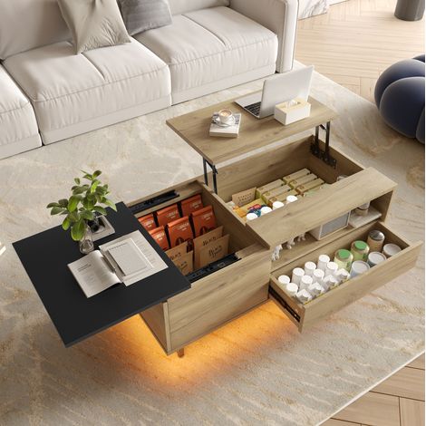 Couchtisch 106,5x50x27,5 cm Natur mit klappbarer Platte, LED und Stauraum, Holz und Metall MEUBLIV (1/5)
