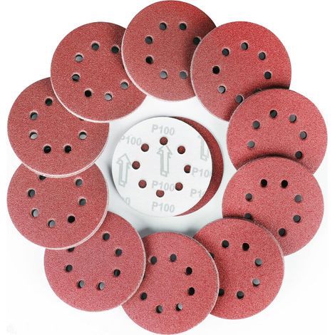 100 discos abrasivos, grano 100, 125 mm, 8 agujeros, para lijadora orbital aleatoria, madera y metal. (1/5)