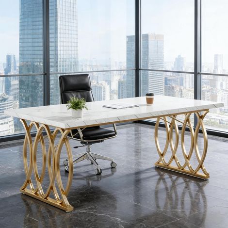 Table de bureau 160x80x75 cm effet marbre blanc et métal doré, moderne pour bureau FloraGrace (1/5)