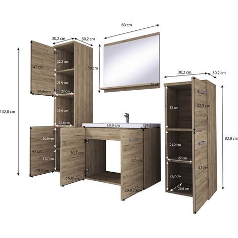 Bratex – Ensemble de meubles de salle de bain avec lavabo – Meuble vasque 47,5 x 60 x 30 cm – Armoire haute 131,5 x 30 x 30 cm – Couleur wotan