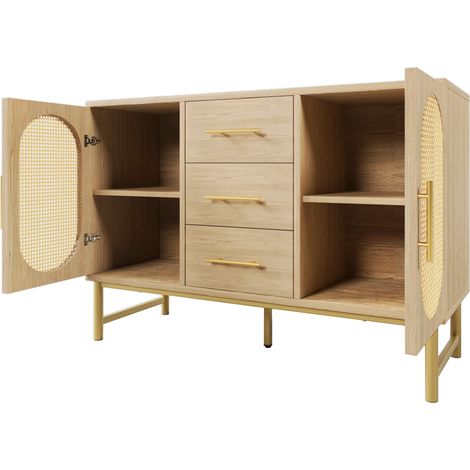 Aparador de ratán con 3 cajones y 2 puertas, estante ajustable, 120x40x74 cm, roble Sonoma (1/5)