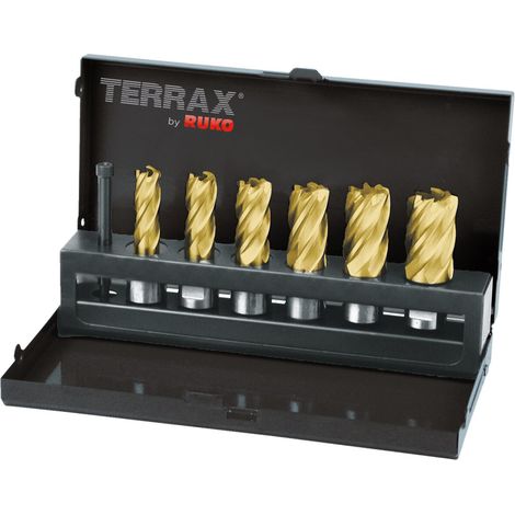 TERRAX  by  RUKO  Brocas  anulares  HSS-TiN  con  vástago  Weldon  (3/4")  Profundidad  de  corte  30,0  mm  -  7  pzas.  (Cassette  de  chapa  de  acero)  -  A108820T (1/2)