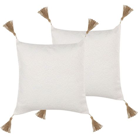 Set di 2 cuscini Decorativi Pizzo Bianco Motivo Floreale e Nappe 45 x 45 cm Azalea (1/5)
