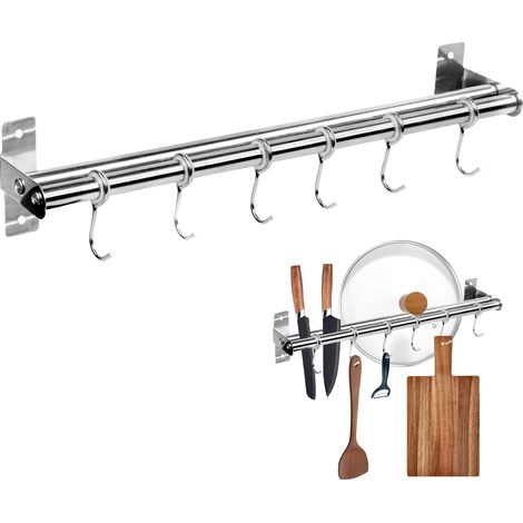 Porte Ustensiles Cuisine, Support Ustensiles Cuisine En Acier Inoxydable, No-Punch Porte Casserole Mural, Multi-Purpose Twin Bar Barre Cuisine Ustensile, Porte Ustensiles Cuisine Mural Avec 6 Crochets (1/5)