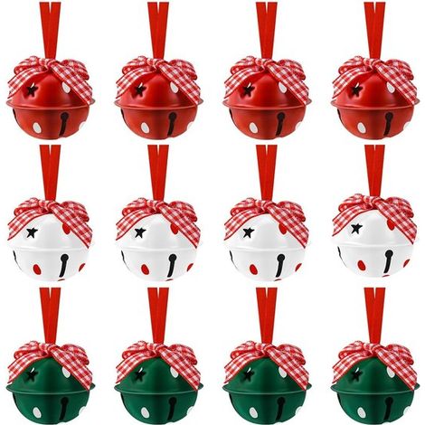 12 campanillas navideñas, Campanillas de metal caladas, Con cinta, Ideales para decorar árboles de Navidad, coronas, Rojo, verde, blanco (1/5)