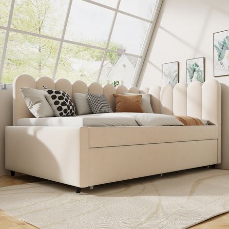 Canapé d'angle convertible 140x200 velours beige, dossier floral décoratif avec lit gigogne intégré