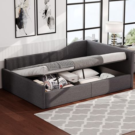 Banquette-lit capitonnée 140x200 avec rangement en dessous, grise, avec sommier à lattes de haute qualité (1/5)