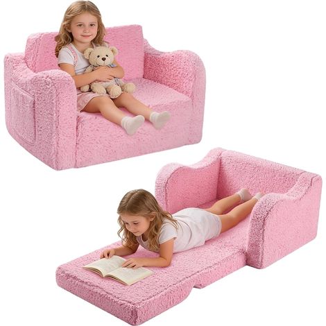 Fauteuil Enfant Convertible en Canapé-lit 2-en-1Parfait pour Jouer et Dormir avec Matelas Amovible, Coussin et Pouf Léger et Facile à Plier pour Filles et Garçons Fauteuil (1/5)
