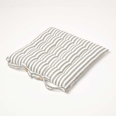 HOMESCAPES Grey Stripe Seat Pad with Button Straps 100% Cotton 40 x 40 cm