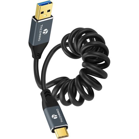 Câble Spiralé 3.0 USB C vers A, Câble Spiralé USB Type C vers Type A 10Gbps for avec MacBook Pro/Air/Galaxy S24/S23/S22 Ultra Gris(95MM étendu à 1M) (1/5)