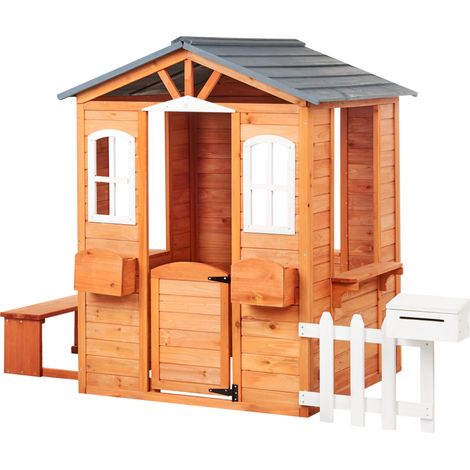 Casita de jardín casa de juegos infantil de madera con banco y buzón madera clara Ampeliko (1/5)
