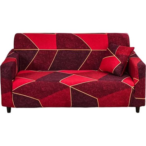 Housse De Canapé Extensible 2 Places Design Géométrique Rouge Protection Complète Avec Accoudoirs (1/5)