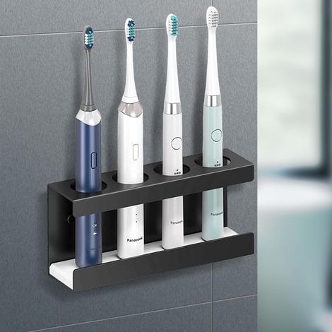 Soporte negro para cepillo de dientes eléctrico con 4 orificios de Ø35 mm, base de diatomita, aleación de aluminio, no requiere perforación.