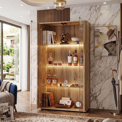 Creahappy Vitrine de Salon 80x36x150 cm - Meuble de Rangement avec Éclairage LED et 2 Portes en Verre - Style Naturel (1/5)