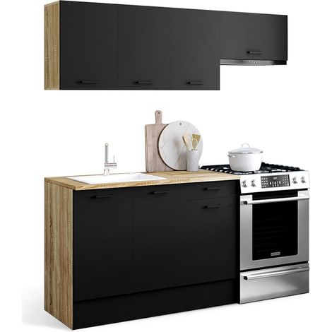 Idmarket – Cuisine complète 180 cm – 5 éléments bois et noir – Plan de travail 60 cm de profondeur – Hauteur 90 cm pour confort optimal