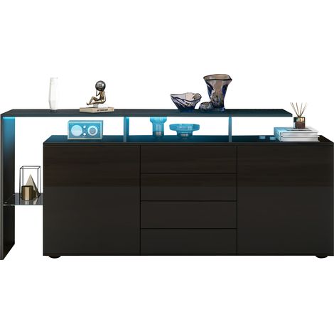 ELVMI Madia con 2 Ante, 4 Cassetti, 2 Vani Aperti e LED per Soggiorno in Pannello di Particelle Nero 160×35×70 cm (1/5)