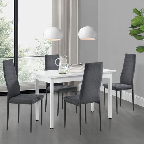 [en.casa] Arredo Sala da Pranzo Tavolo 120 x 60 x 75 cm MDF Bianco con 4 Sedie Imbottite 96 x 43 x 52 cm Acciaio Poliestere Grigio (1/5)