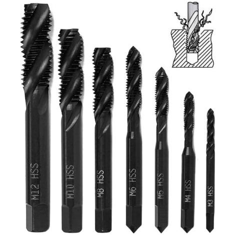 royaluxe-7 pièces Tarauds à filetage hélicoïdal en nitrure, HSS 4341 taraud à queue conique pour machine métrique Outil de taraudage de filetage M3 M4 M5 M6 M8 M10 M12 pour foret à bois (1/3)