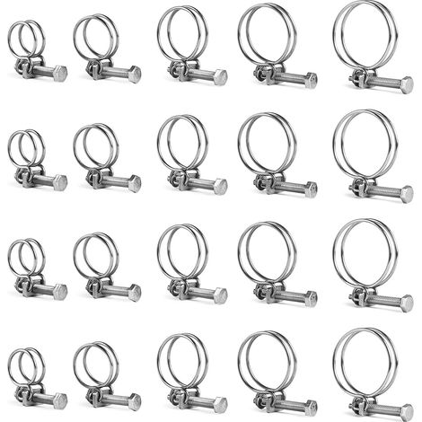 20pcs Double Wire Hose Clamps Set 16-20mm/21-25mm/28-32mm/32-36mm/36-40mm Adjustable 304 Stainless Steel for Water Pipe Clamping Wire Diameter 0.0. 079 mm