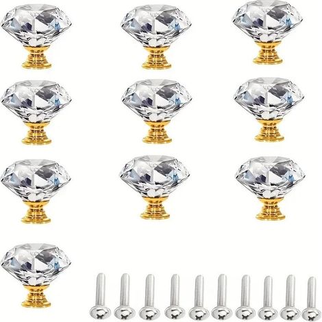 10 Pièces Bouton de Meuble Cristal, ransparente Poignées Boutons Poignée Meuble de Porte Dorée, Bouton de Tiroir en Verre Cristal, Bouton de Porte pour Placard Meuble Tiroir (1/5)