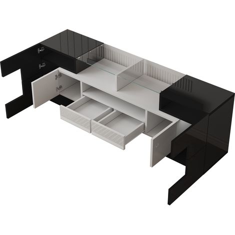 Meuble TV moderne 145 cm blanc laqué brillant avec éclairage LED et surface en verre (1/5)