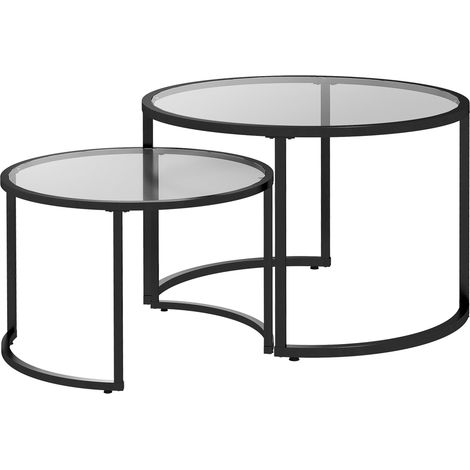 Set de 2 mesas auxiliares redondas de vidrio templado con estructura de acero negro (1/5)