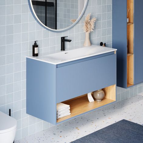 BERNSTEIN - Mobile lavabo sospeso MDF Azzurro opaco, lavabo DURAVIT Bianco lucido + foro rubinetto, troppopieno, piletta - 103x49x62cm - BELDIVO Blu azzurro opaco (1/5)