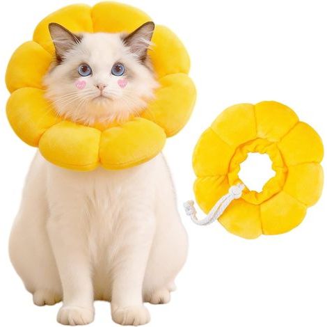 1 - Collerette Chat - Collier De Protection - Design Tournesol En Coton Doux - Anti-Léchage Pour Convalescence Et Toilettage - Ajustable - Jaune - 22x22cm (1/5)