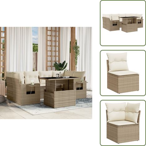 7-tlg. Garten-Sofagarnitur mit Kissen Beige Poly Rattan - Gartenmöbel Set - PE-Rattan Möbel - Outdoor Lounge - Gartenecke - Terrassenmöbel (1/5)
