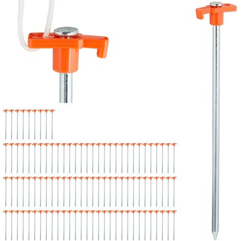 Set of 100 Relaxdays Heavy Duty Tent Pegs, Hard Ground Anchors, 25 cm, Camping, Galvanized Steel, Orange