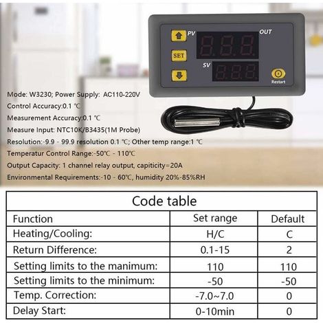 1 Pièce W3230 AC 110V-220V Régulateur de température numérique, Interrupteur de Commande de Thermostat à Affichage numérique 20A avec sonde de capteurs NTC 10K (1/4)