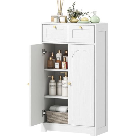 Meuble de salle de avec 2 tiroirs pliable 60 x 30 x 108 cm vein pour salon bain étroit tiroirs, étagère ouverte porte cintrée, blanc veiné (1/5)
