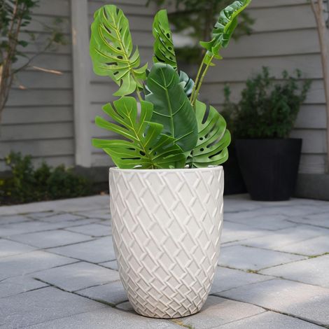 Grand pot de fleurs en céramique avec motif losange blanc (1/5)