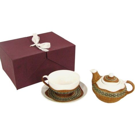 Set Teiera con Tazza e Piattino in Porcellana in Porcellana Decoro in Bambù Noce (1/2)