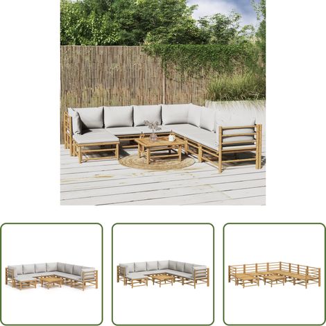 Bambusmöbel - 9-tlg. Garten-Lounge-Set mit Kissen Hellgrau Bambus (1/5)
