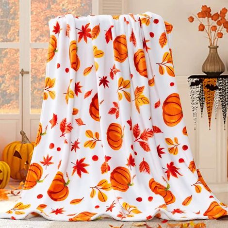 Couverture Décorative Citrouille - 100 x 70 cm - Polyester - Blanc - À Motif Citrouille Et Feuille D'érable - Pour Canapé Chaise Lit Pique-nique - 1 Pièce (1/5)