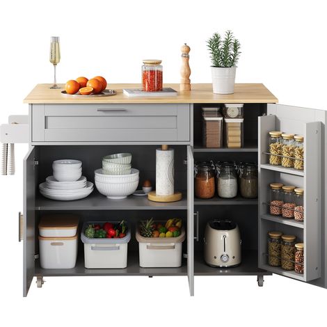 Table de cuisine mobile L132,5 x P44(70) x H90 cm, plan de travail rabattable, avec porte-épices,5 roulettes, adapté à la cuisine / salle à manger