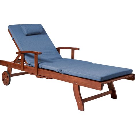 Reclining Sun Lounger Dark Brown Blue Acacia Wood Frame with Wheels Fabric Seat Cushion UV and Water-Resistant TOSCANA PREMIUM