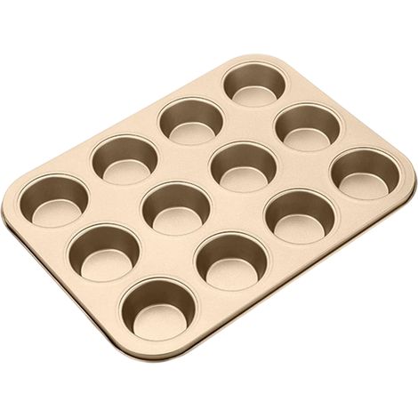 molde para muffins, acero al carbono antiadherente, 12 cavidades, color dorado, para horno, repostería casera. (1/5)