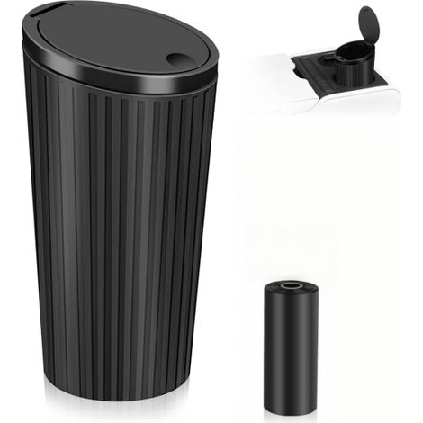 Basurero para coche con tapa, minibasurero negro, pequeño, portátil, impermeable, con 1 rollo de bolsas, accesorio interior para coche, oficina, hogar y cocina.
