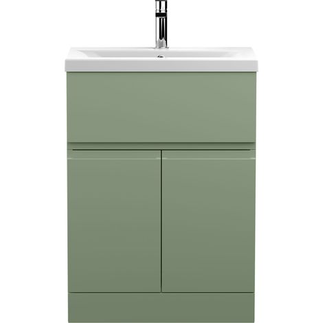 Mavesyn Contemporary 2 Door 1 Drawer Floor Standing Vanity Unit with Mid-Edge Basin, Satin Green, 600mm