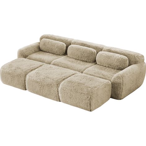 Canapés Cloud sans structure, tissu peluche doux et moelleux, canapé-lit modulaire avec 3 ottomans, canapé 3 places confortable pour salon, kaki clair (1/5)