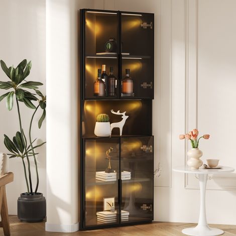 Vitrine d’angle triangulaire 62x32x160 cm avec LED, étagère ouverte, verre trempé et MDF noir (1/5)