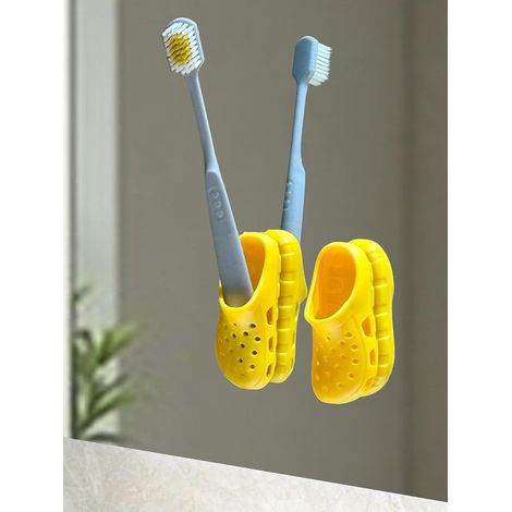 Coppia di mini portaspazzolini a forma di pantofola gialla, autoadesivi da parete, non richiedono foratura, ideali per bagno, cucina, scrivania, ecc. (1/4)
