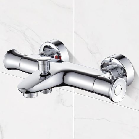 Mitigeur Baignoire Thermostatique avec Bouton de Sécurité 38 °C, Robinet Thermostatique pour Baignoire, Chromé Moderne (1/5)