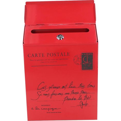 Boîte aux lettres murale en fer, style rustique, verrouillée avec 2 clés, 3 crochets, étanche, pour la maison ou le bureau, petites lettres rouges (1/5)