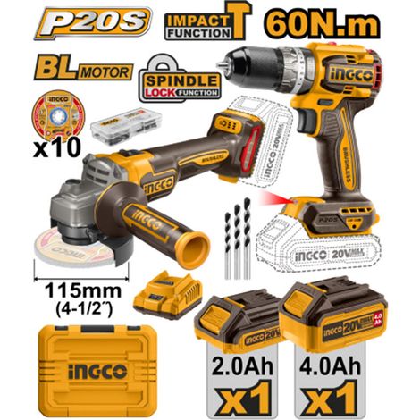 INGCO Combo Smerigliatrice E Avvitatore 20 Watt 2 Batterie
