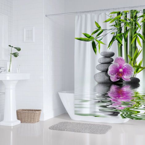 Rideau de Douche Anti Moisissure Galet Zen Imprimé Rideau Douche Tissu Imperméable Polyester 180x200 cm 3D Orchidee Bambou Rideaux de Douche Baignoire Lavable Machine - Blanc Vert
