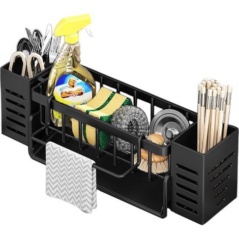 Porta spugne da cucina - Organizzatore per lavello - Ordine in cucina - Drenaggio automatico - 23 x 11 x 9 cm - Nero (1/5)
