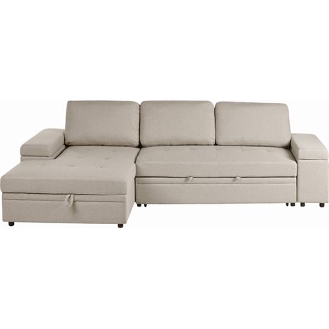 Corner Sofa Bed Beige Faux Linen Upholstered Right Hand Orientation with Storage Bed HRISEY (1/5)